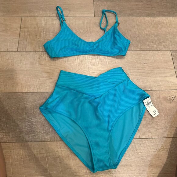 Aerie Ribbed High-Waisted Bikini Set With Adjustable Straps In Teal SMALL NEW - Picture 1 of 9